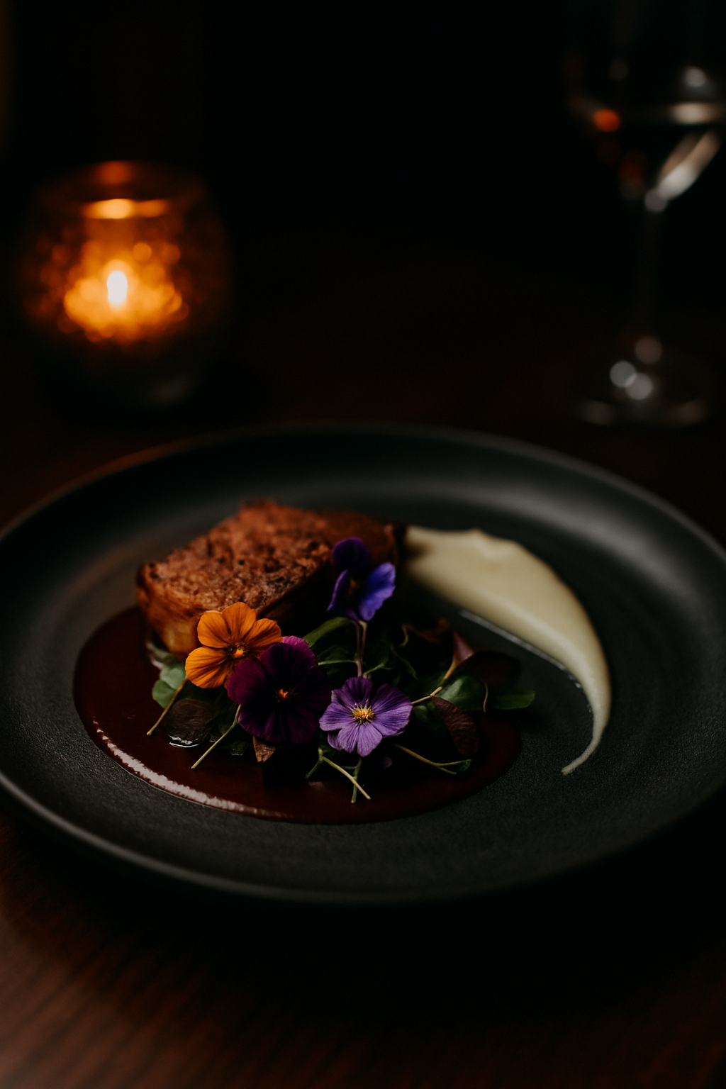 Gourmet dish with edible flowers