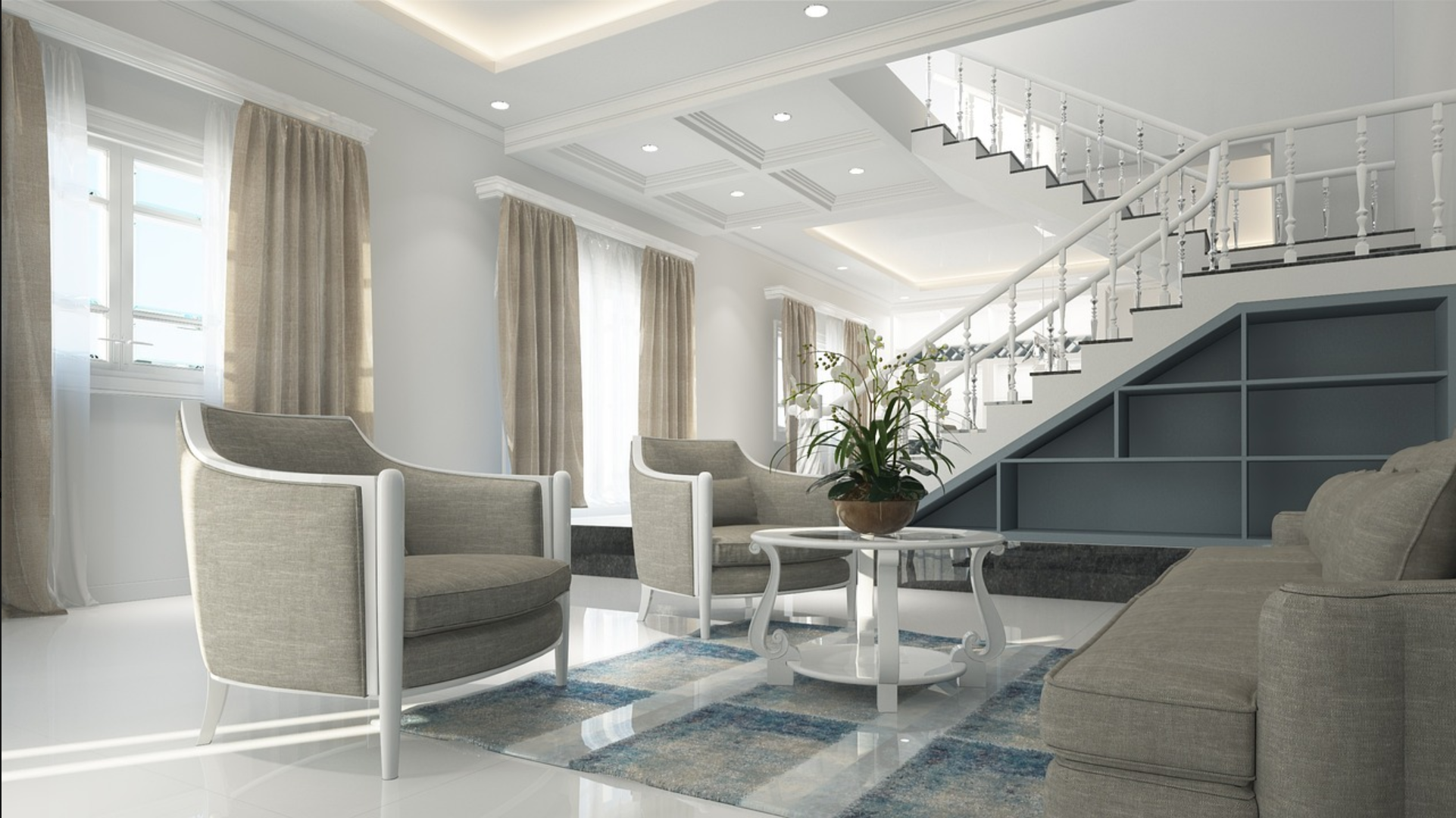 Modern living room with recessed lights and elegant staircase railings